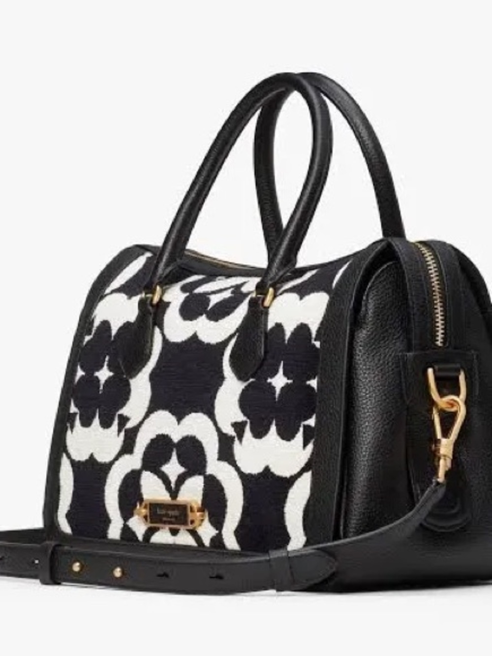 kate spade gramercy Black & White Floral Jacquard Satchel with Gold Hardware
